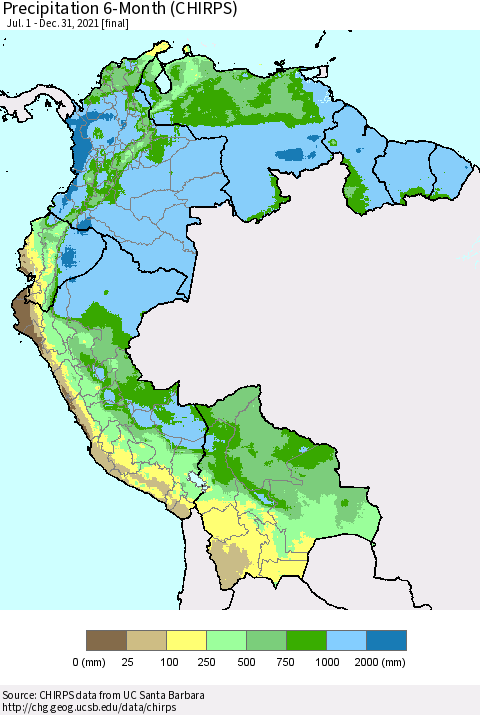 Northern South America Precipitation 6-Month (CHIRPS) Thematic Map For 7/1/2021 - 12/31/2021