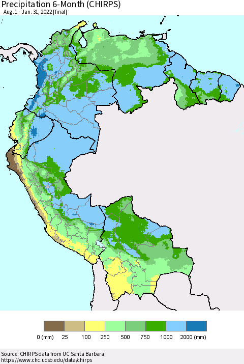 Northern South America Precipitation 6-Month (CHIRPS) Thematic Map For 8/1/2021 - 1/31/2022
