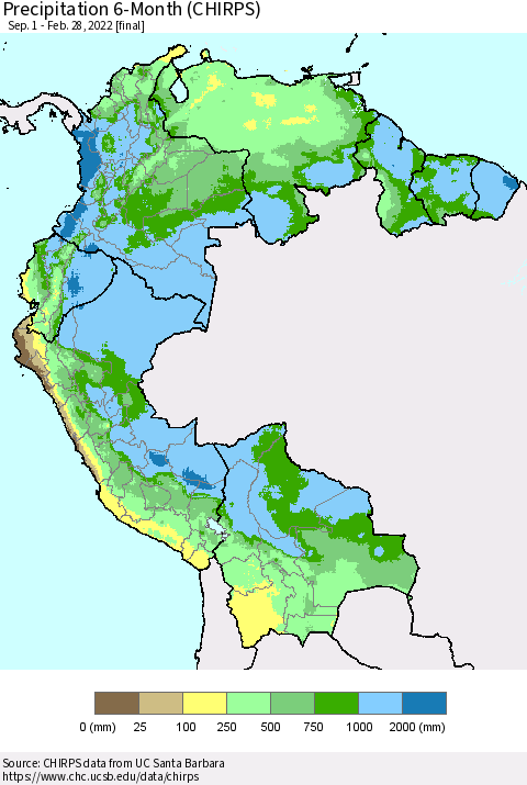 Northern South America Precipitation 6-Month (CHIRPS) Thematic Map For 9/1/2021 - 2/28/2022
