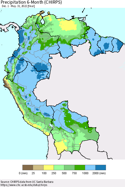 Northern South America Precipitation 6-Month (CHIRPS) Thematic Map For 12/1/2021 - 5/31/2022