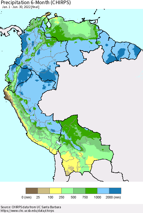 Northern South America Precipitation 6-Month (CHIRPS) Thematic Map For 1/1/2022 - 6/30/2022