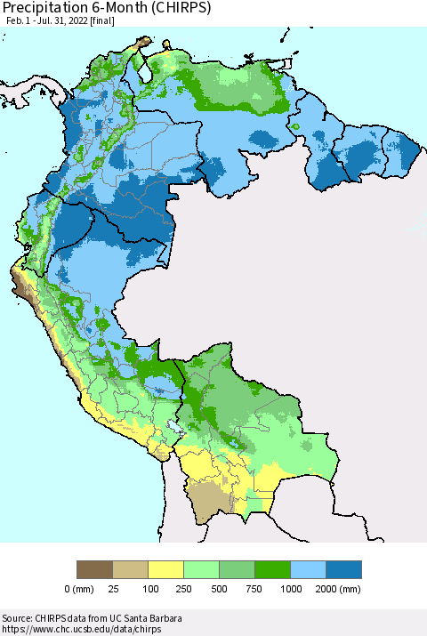 Northern South America Precipitation 6-Month (CHIRPS) Thematic Map For 2/1/2022 - 7/31/2022