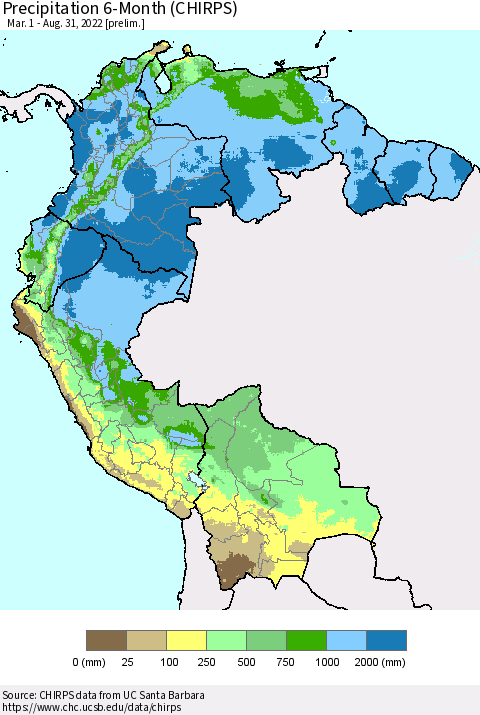 Northern South America Precipitation 6-Month (CHIRPS) Thematic Map For 3/1/2022 - 8/31/2022
