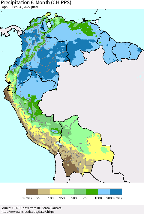 Northern South America Precipitation 6-Month (CHIRPS) Thematic Map For 4/1/2022 - 9/30/2022