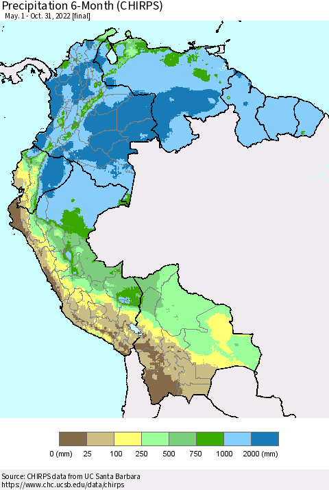 Northern South America Precipitation 6-Month (CHIRPS) Thematic Map For 5/1/2022 - 10/31/2022