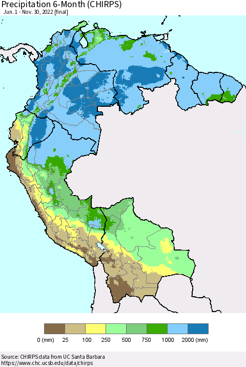 Northern South America Precipitation 6-Month (CHIRPS) Thematic Map For 6/1/2022 - 11/30/2022