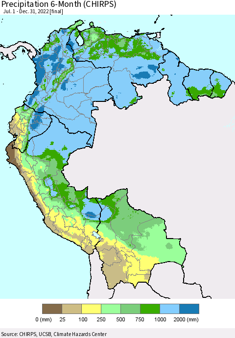Northern South America Precipitation 6-Month (CHIRPS) Thematic Map For 7/1/2022 - 12/31/2022