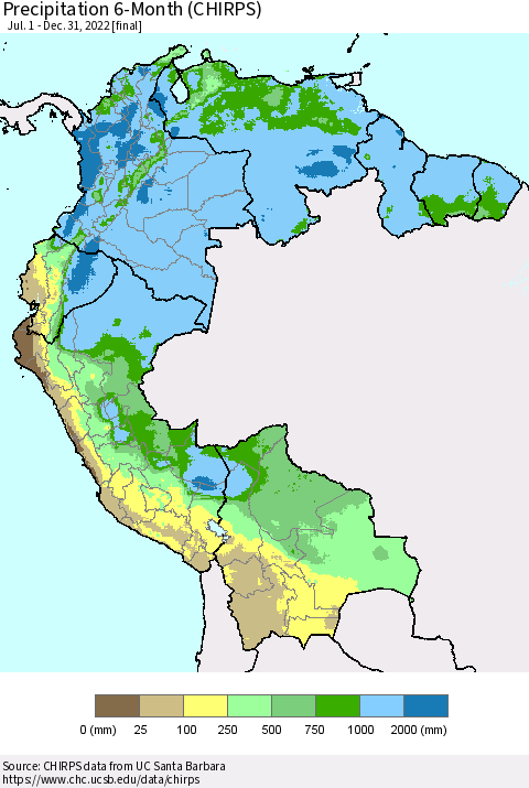 Northern South America Precipitation 6-Month (CHIRPS) Thematic Map For 7/1/2022 - 12/31/2022
