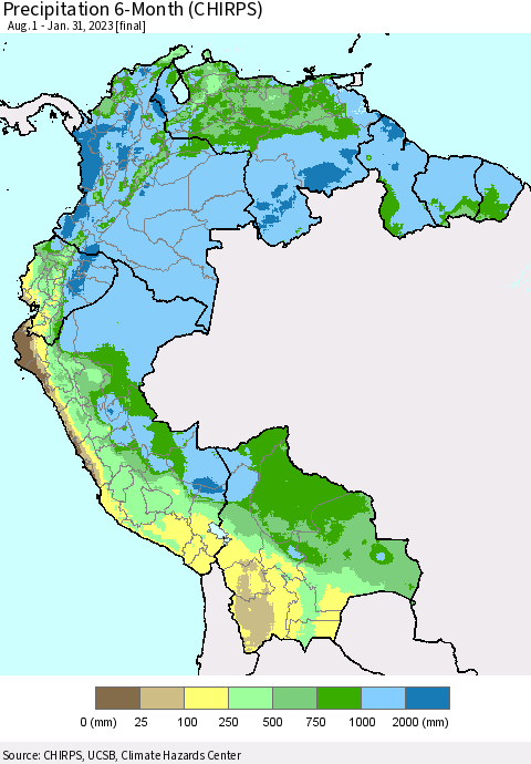 Northern South America Precipitation 6-Month (CHIRPS) Thematic Map For 8/1/2022 - 1/31/2023