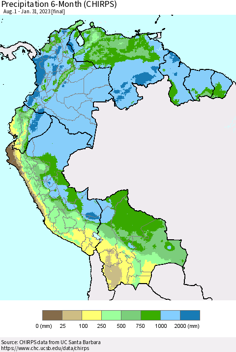 Northern South America Precipitation 6-Month (CHIRPS) Thematic Map For 8/1/2022 - 1/31/2023