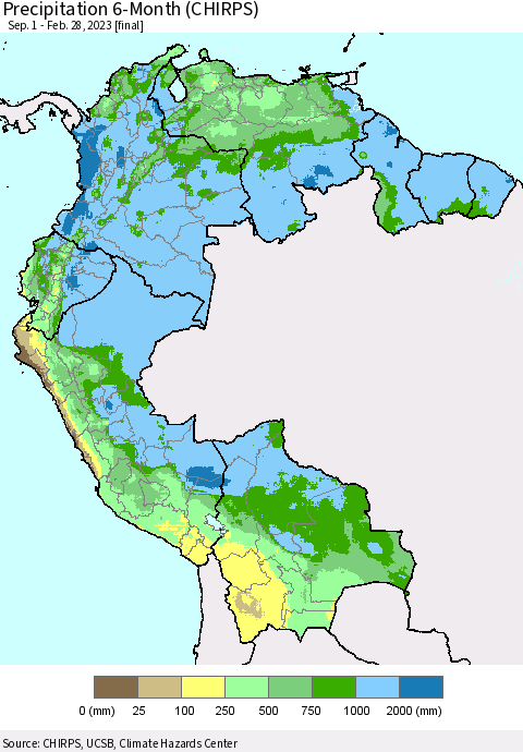 Northern South America Precipitation 6-Month (CHIRPS) Thematic Map For 9/1/2022 - 2/28/2023