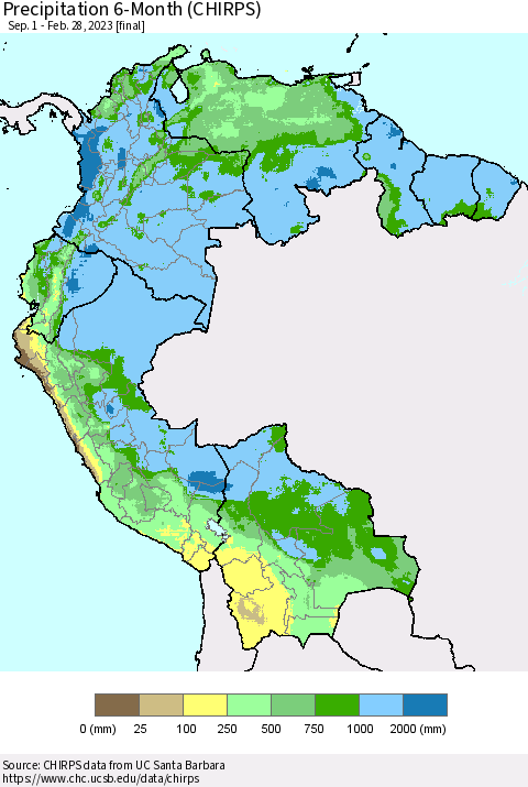 Northern South America Precipitation 6-Month (CHIRPS) Thematic Map For 9/1/2022 - 2/28/2023