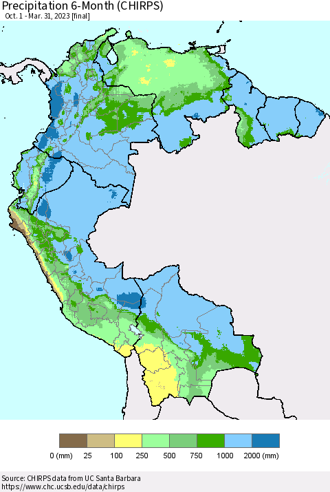 Northern South America Precipitation 6-Month (CHIRPS) Thematic Map For 10/1/2022 - 3/31/2023