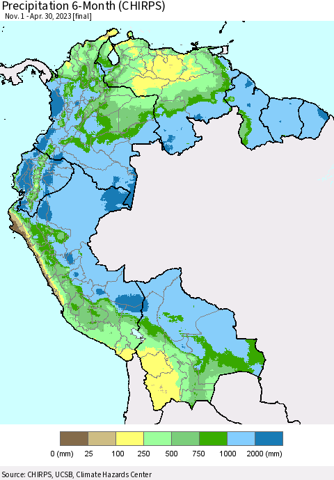 Northern South America Precipitation 6-Month (CHIRPS) Thematic Map For 11/1/2022 - 4/30/2023