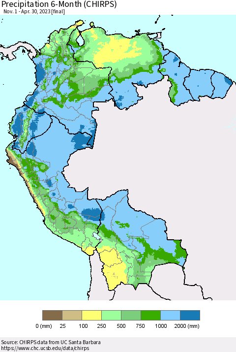 Northern South America Precipitation 6-Month (CHIRPS) Thematic Map For 11/1/2022 - 4/30/2023
