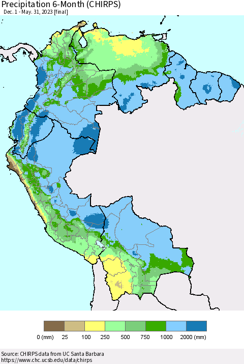 Northern South America Precipitation 6-Month (CHIRPS) Thematic Map For 12/1/2022 - 5/31/2023