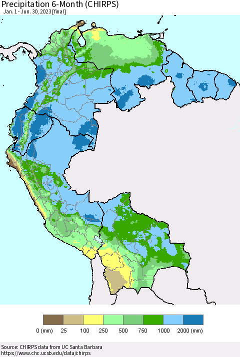 Northern South America Precipitation 6-Month (CHIRPS) Thematic Map For 1/1/2023 - 6/30/2023