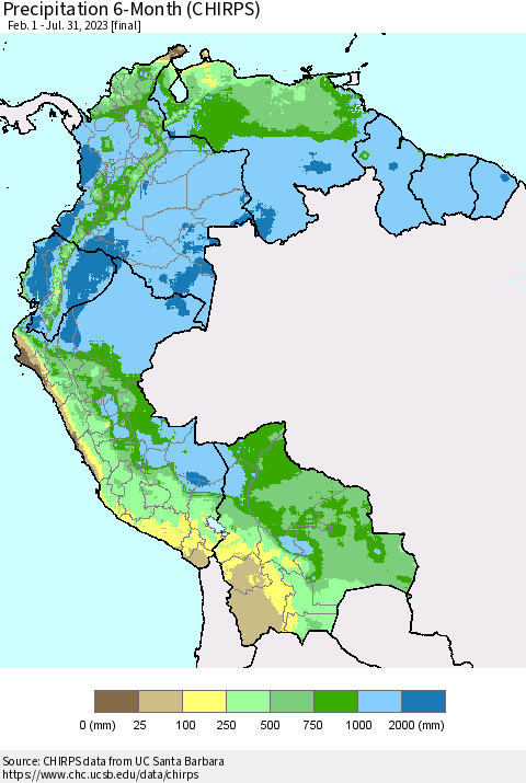Northern South America Precipitation 6-Month (CHIRPS) Thematic Map For 2/1/2023 - 7/31/2023