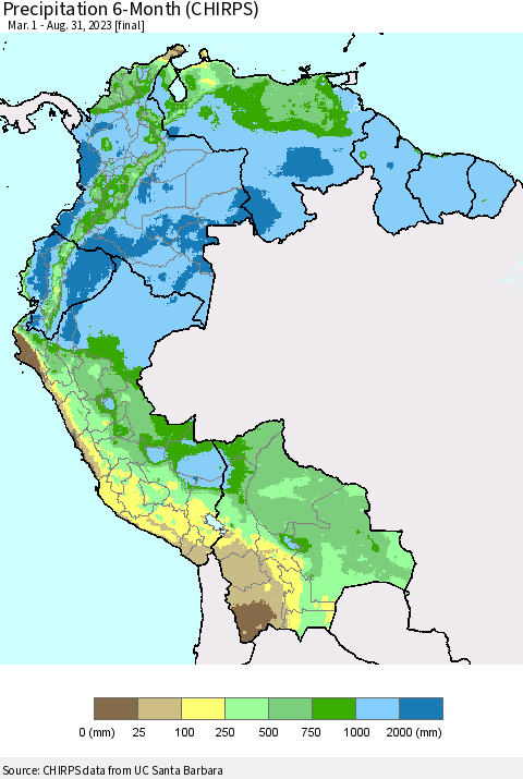 Northern South America Precipitation 6-Month (CHIRPS) Thematic Map For 3/1/2023 - 8/31/2023