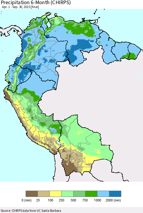 Northern South America Precipitation 6-Month (CHIRPS) Thematic Map For 4/1/2023 - 9/30/2023