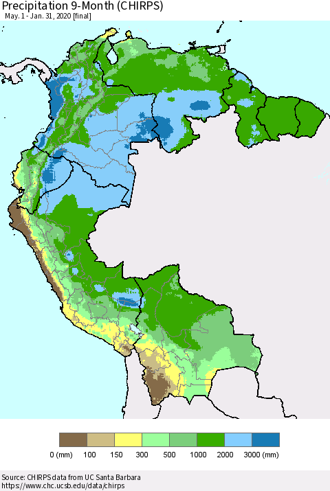 Northern South America Precipitation 9-Month (CHIRPS) Thematic Map For 5/1/2019 - 1/31/2020