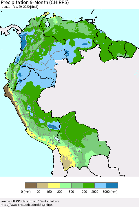 Northern South America Precipitation 9-Month (CHIRPS) Thematic Map For 6/1/2019 - 2/29/2020