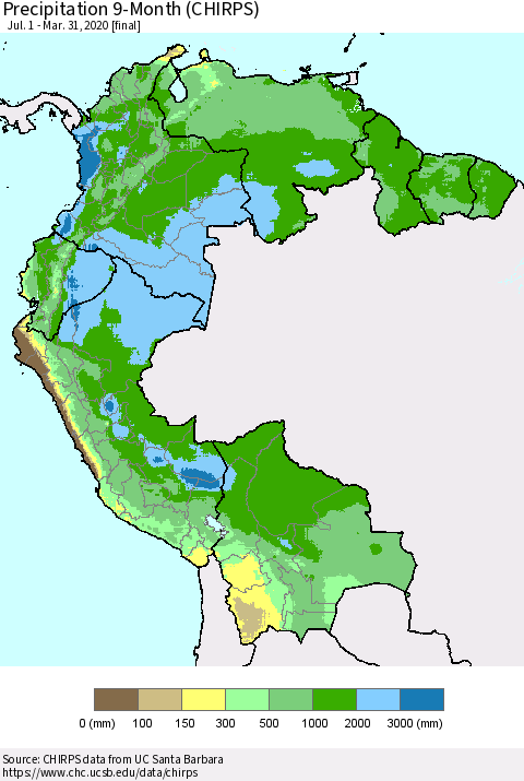 Northern South America Precipitation 9-Month (CHIRPS) Thematic Map For 7/1/2019 - 3/31/2020