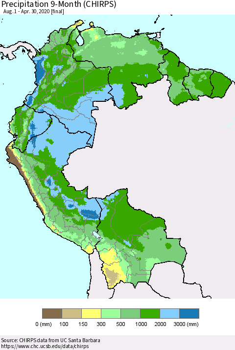 Northern South America Precipitation 9-Month (CHIRPS) Thematic Map For 8/1/2019 - 4/30/2020