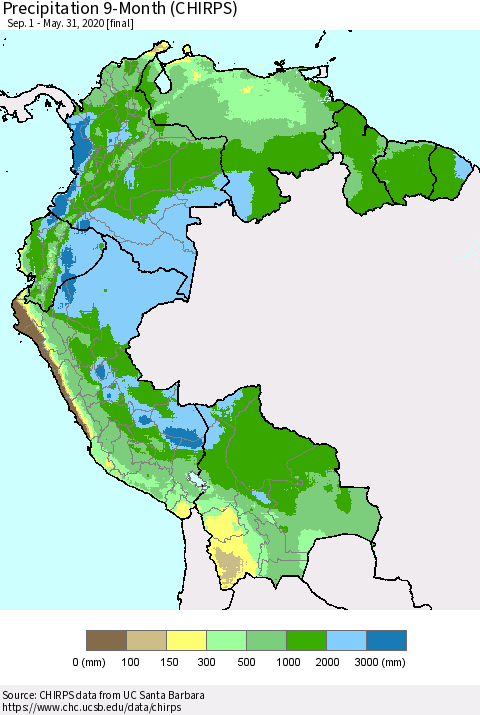 Northern South America Precipitation 9-Month (CHIRPS) Thematic Map For 9/1/2019 - 5/31/2020