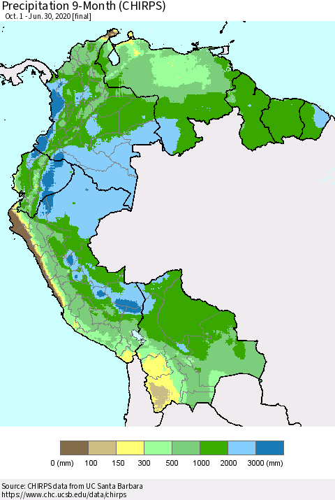 Northern South America Precipitation 9-Month (CHIRPS) Thematic Map For 10/1/2019 - 6/30/2020