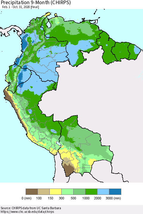 Northern South America Precipitation 9-Month (CHIRPS) Thematic Map For 2/1/2020 - 10/31/2020