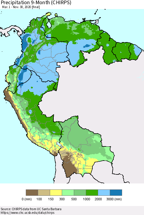 Northern South America Precipitation 9-Month (CHIRPS) Thematic Map For 3/1/2020 - 11/30/2020