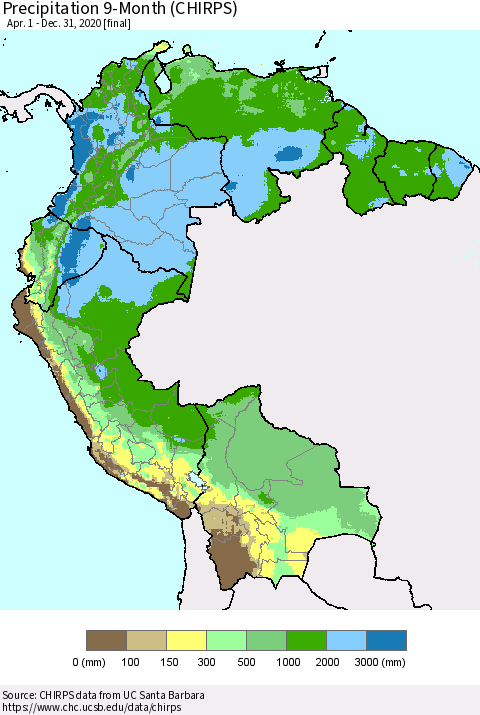 Northern South America Precipitation 9-Month (CHIRPS) Thematic Map For 4/1/2020 - 12/31/2020