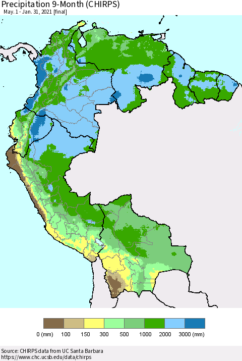 Northern South America Precipitation 9-Month (CHIRPS) Thematic Map For 5/1/2020 - 1/31/2021