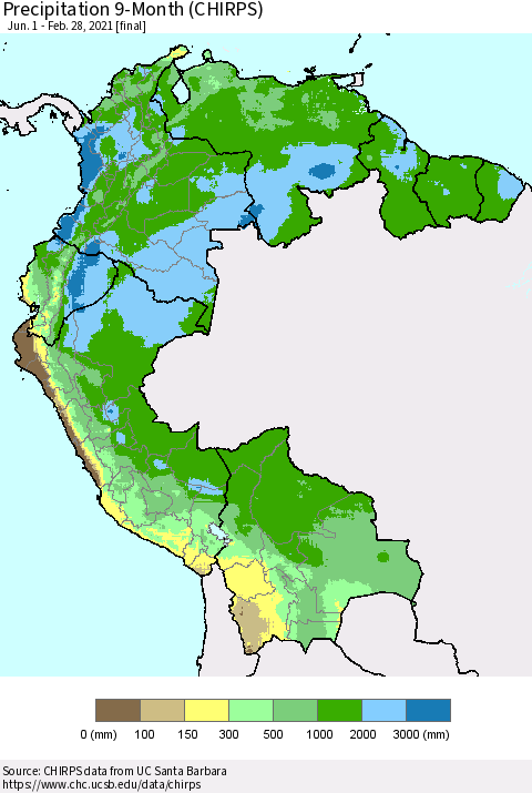 Northern South America Precipitation 9-Month (CHIRPS) Thematic Map For 6/1/2020 - 2/28/2021