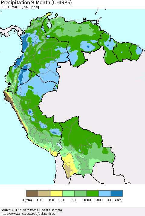 Northern South America Precipitation 9-Month (CHIRPS) Thematic Map For 7/1/2020 - 3/31/2021
