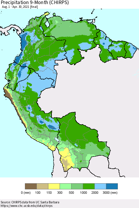 Northern South America Precipitation 9-Month (CHIRPS) Thematic Map For 8/1/2020 - 4/30/2021
