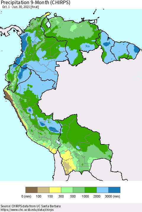Northern South America Precipitation 9-Month (CHIRPS) Thematic Map For 10/1/2020 - 6/30/2021