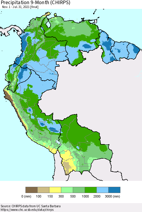 Northern South America Precipitation 9-Month (CHIRPS) Thematic Map For 11/1/2020 - 7/31/2021