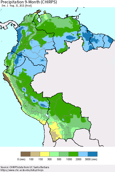 Northern South America Precipitation 9-Month (CHIRPS) Thematic Map For 12/1/2020 - 8/31/2021