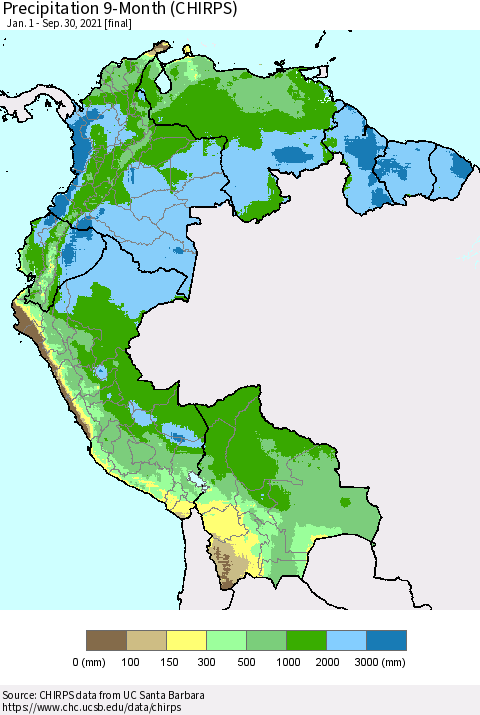 Northern South America Precipitation 9-Month (CHIRPS) Thematic Map For 1/1/2021 - 9/30/2021