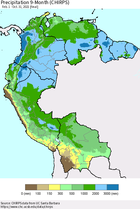 Northern South America Precipitation 9-Month (CHIRPS) Thematic Map For 2/1/2021 - 10/31/2021