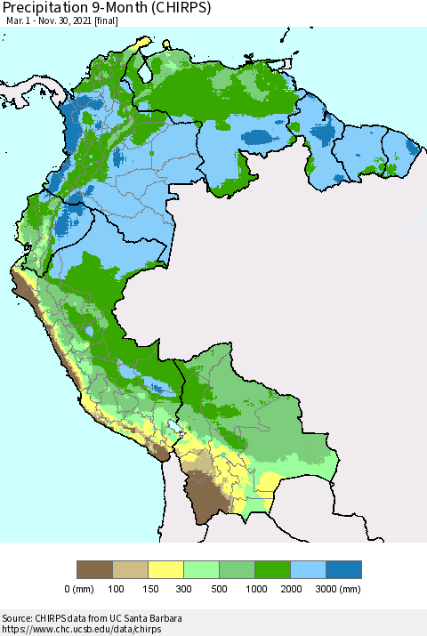 Northern South America Precipitation 9-Month (CHIRPS) Thematic Map For 3/1/2021 - 11/30/2021