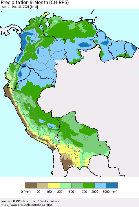 Northern South America Precipitation 9-Month (CHIRPS) Thematic Map For 4/1/2021 - 12/31/2021