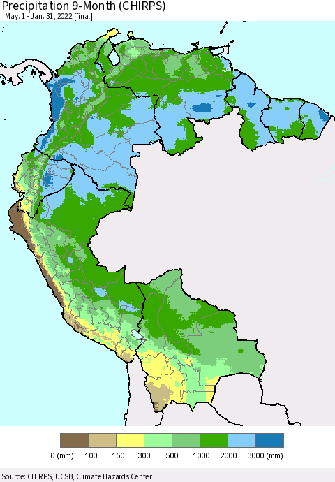 Northern South America Precipitation 9-Month (CHIRPS) Thematic Map For 5/1/2021 - 1/31/2022