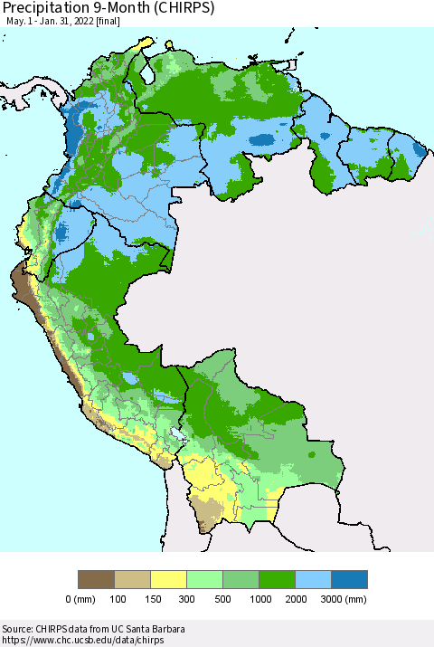 Northern South America Precipitation 9-Month (CHIRPS) Thematic Map For 5/1/2021 - 1/31/2022
