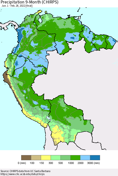 Northern South America Precipitation 9-Month (CHIRPS) Thematic Map For 6/1/2021 - 2/28/2022