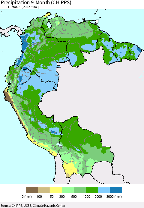 Northern South America Precipitation 9-Month (CHIRPS) Thematic Map For 7/1/2021 - 3/31/2022