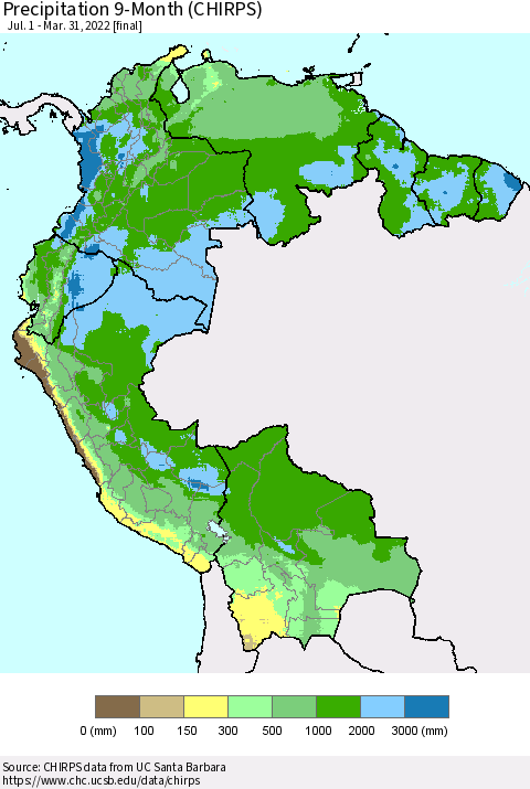 Northern South America Precipitation 9-Month (CHIRPS) Thematic Map For 7/1/2021 - 3/31/2022