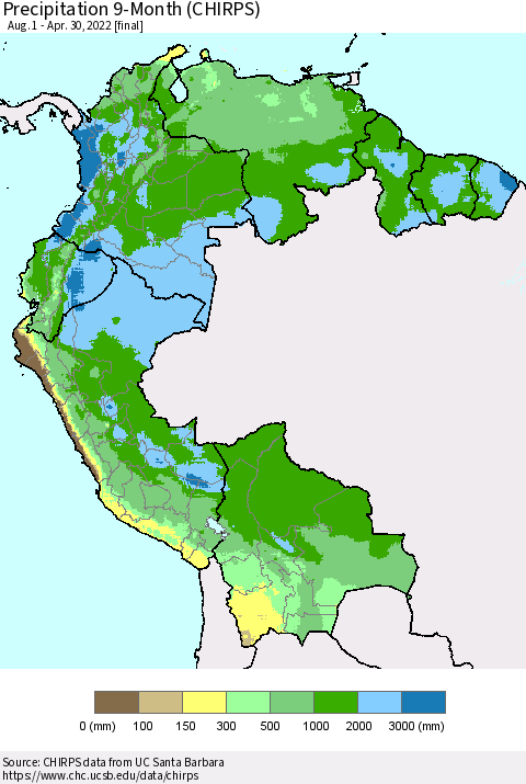 Northern South America Precipitation 9-Month (CHIRPS) Thematic Map For 8/1/2021 - 4/30/2022